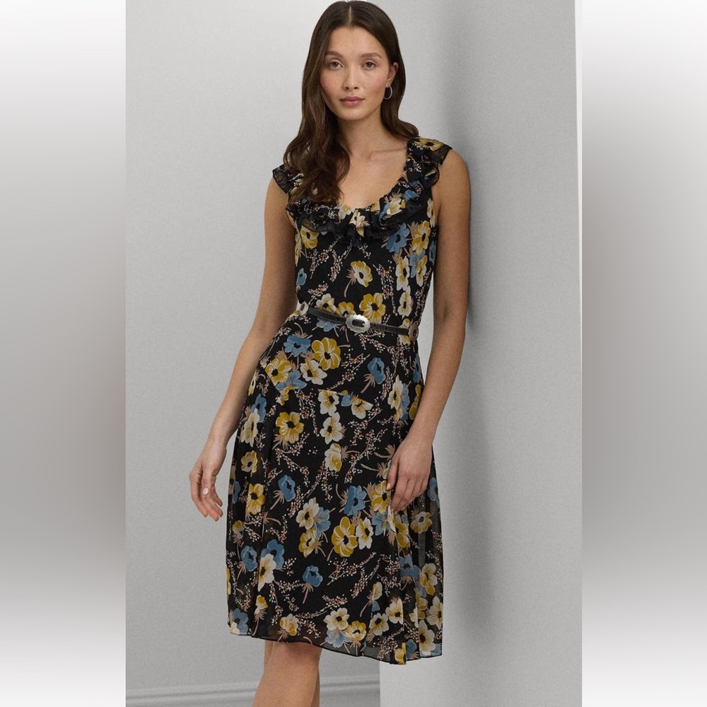 NWT Lauren Ralph Lauren Black Floral Belted Crinkle Georgette Dress Size 6